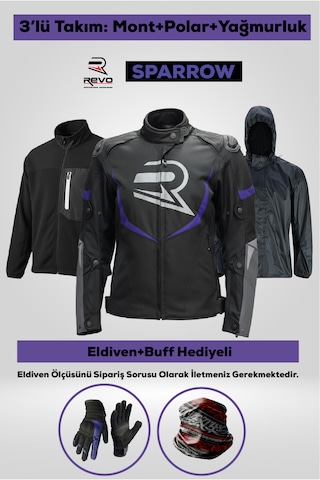Revo Sparrow Mor 3 Katmanlı 4 Mevsim Kadın Motosiklet Montu + Eldiven Ve Buff