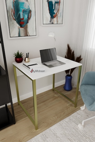 Selin Metal Ayaklı Çalışma Masası Beyaz Suntalam, Gold Ayak, Modern Ofis & Ev Masası Altın - Beyaz