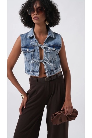 Defymoda Bağlama Detay Denim Yelek Mavi