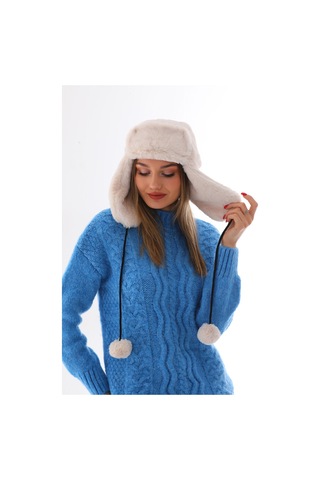 Kadın Bej Kürklü Kulaklıklı Peluş Şapka Bej