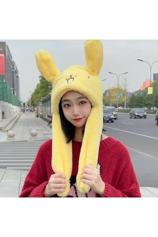 Sevimli Hareketli Kulaklı Kadınlar İçin Yumuşak Tavşan Desenli Peluş Kış Şapkası Sarı