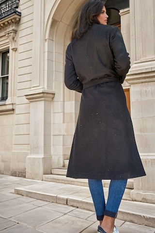 Siyah Şal Yaka, Cepli, Kuşak Detaylı, Astarsız, Uzun Kaban Siyah