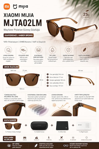 Mijia Wayfarer Polarize 8 Katmanlı Oar Kaplama Unisex Güneş Gözlüğü Tac Lens Kahverengi Mjta02lm