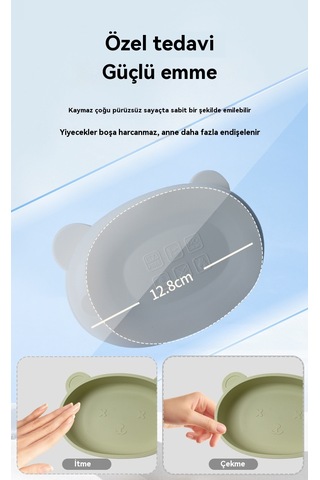Jianfan Ayıcık Desenli Vakumlu Silikon Mama Kabı Bebek Beslenme Kasesi Haki Haki