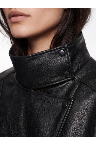 Lcw Vision Siyah Dik Yaka Oversize Kadın Deri Görünümlü Ceket