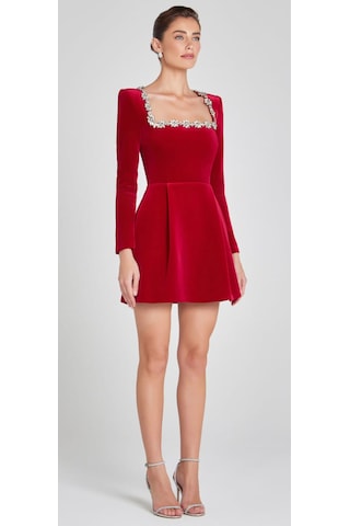 Hanife Glam Couture Hanife Glam Kare Yaka Taşlı Mini Kadife Elbise Kırmızı