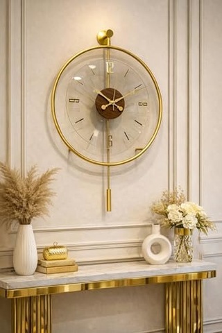 Metaquartz Aksesuar Masif - Luxry Şefaf Tamperli Kırılmaz Cam - 50 Çap - Quartz Mekanizma - Metal Duvar Saati Gold Çok Renkli