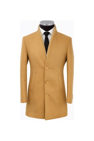 Plus Scorpion Erkek Uzun Kaşe Kaban İtalyan Kesim Slim Fit Şık Model Açık Bej