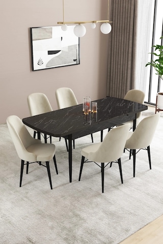 Familieconcept Almira Serisi, Siyah Mermer Desen 80x132 Açılabilir Mdf Mutfak Masası Takımı 6 Adet Sandalye Krem