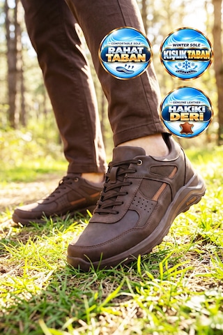 Ayakmod Kahve Hakiki Deri Bağcıklı Kaymaz Tabanlı Erkek Outdoor Trekking Ayakkabı 2055 Kahverengi