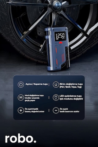 Robo Süper 4'lü Şarjlı Akü Ateşleyici Lastik Şişirici Powebank Led Işık 150psi Yüksek Basınçlı Gri