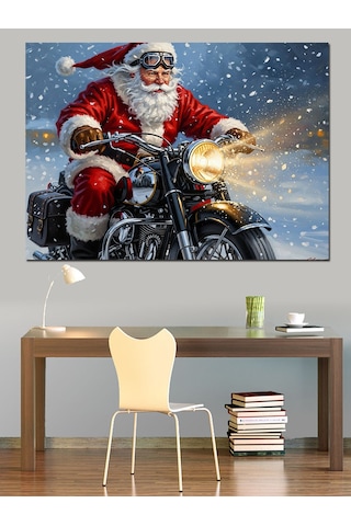 Motosiklet Süren Noel Baba Figürü Dekoratif Kanvas - Mdf Ahşap Tablo