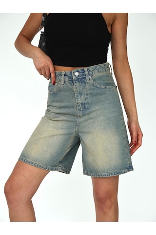 Boru Paça Denim Şort Mavi+tint