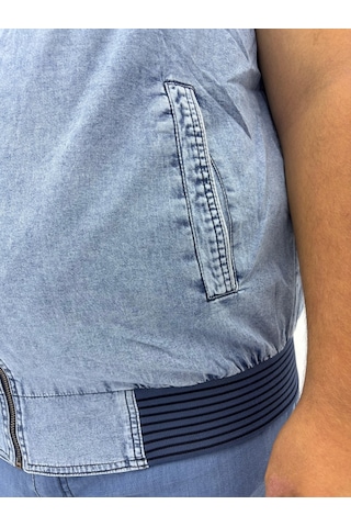 Büyük Beden Denim Dik Yaka Fermuarlı Cepli Bomber Erkek Yelek Mavi