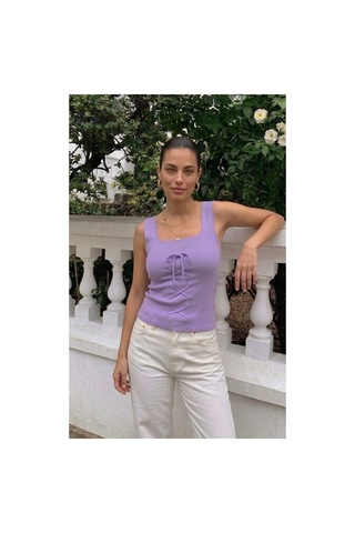 Onno Style Women Kolsuz Askılı Kare Yaka Bağcık Detaylı Triko Kadın Bluz Lila
