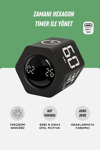 GWORKE Gt-2 Hexagon Zamanlayıcı, Flip Timer, Öğrenci Ders Çalışma Saati, Sınav Kronometresi, Mutfak - Siyah