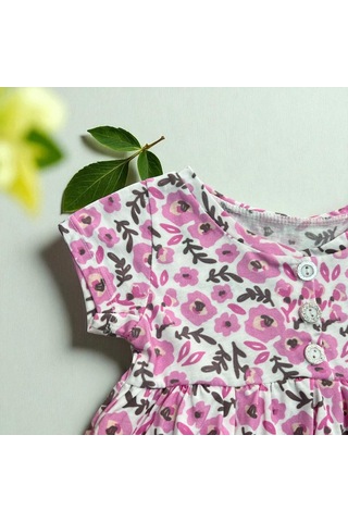 Düğmeli Çiçekli Elbise Pembe