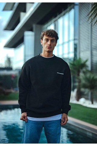 Modi Kışlık Bisiklet Yaka Oversize Baskılı Sweatshirt - Siyah Açık Siyah