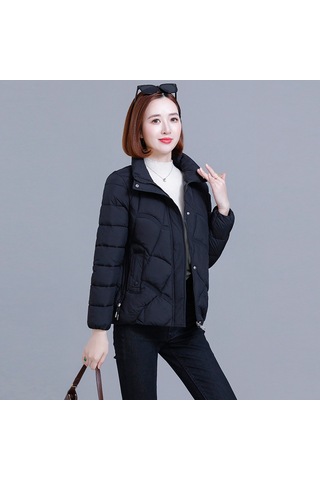 2025 Yeni Kadın Pamuklu Ceket, Kısa Model, Kore Stili, Bol Kesim, Sıcak, Dik Yaka, Küçük Beden Siyah