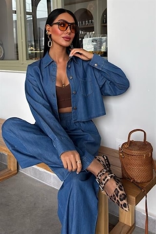 Denim Gömlek Plazzo Pantolon Takım 10163-08 Deni M