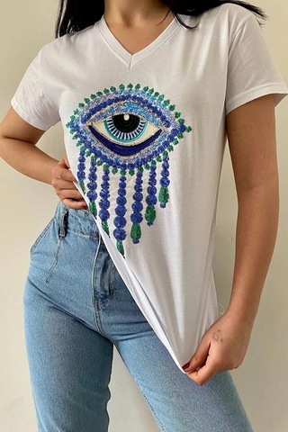 Cassime Kadın Beyaz V Yaka Göz Pul Payet Işlemeli %100 Pamuk Tişört S-m-l-xl-2xl-3xl