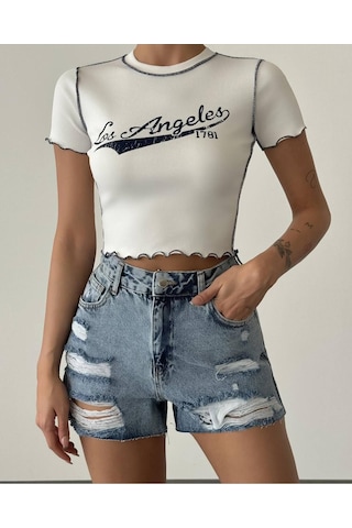 Fashion Cocktail Yırtık Sökük Detaylı Cepli Eskitme Taşlama Püsküllü Cepli Yüksek Bel Kadın Denim Kot Şort Açık Mavi