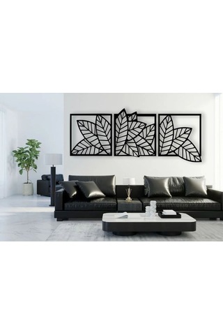 Yaprak Model 3 Lü Dekor Ahşap Duvar Süs Tablo Siyah Renk 147x52 Cm