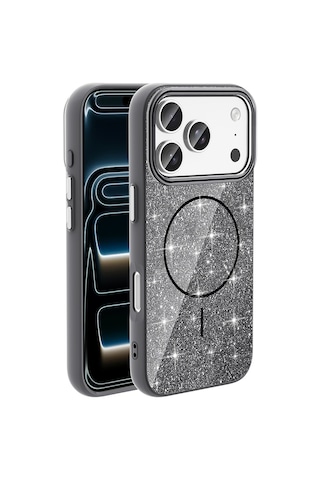 Apple Uyumlu iPhone 17 Pro Kılıf Kablosuz Şarj Özellikli Parlayan Simli Okso Kapak Siyah