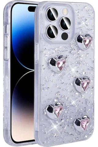 Apple Uyumlu iPhone 14 Pro Max Kılıf Airbagli Simli Arka Yüzey Zore Işıltı Silikon Kapak Beyaz-kalp
