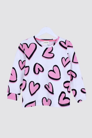 Zuzunga Kalp Desenli Fitilli İnterlok Kumaş %100 Pamuk Kız Çocuk Pijama Takımı Beyaz