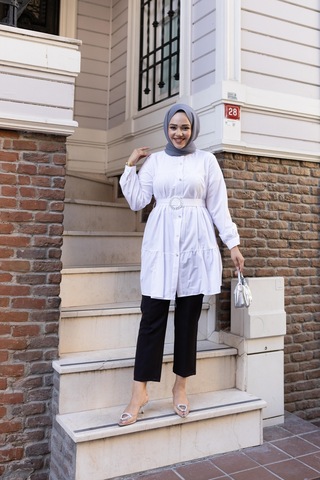 Hb Harma Time Butik Kadın Düğmeli Kemer Detaylı Beyaz Gömlek