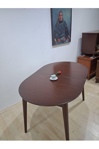 Masa Oval 90641 Retro Ayak Model Kayın Retro Açılır Parlak Ceviz Tabla El Yapım Kahverengi