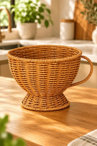 Atbyhome Büyük Boy Doğal Hasır Rattan Kupa Sepet 20x16 Cm - Kulplu Ayaklı Masa Üstü Ekmeklik Ve Meyvelik Kahverengi