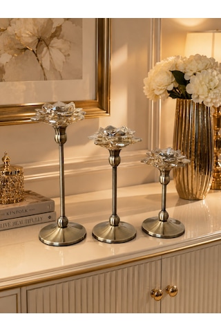 Chacha Home 3'lü Metal Ayaklı Lotus Kristal Cam Şamdan Mumluk Seti 29 Cm - 24 Cm - 19 Cm - Dekoratif Nilüfer Çiçeği Mum Standı Eskitme