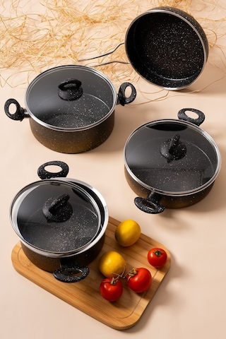 Çarşıdayız 7 Parça Eda Granit Siyah Siyah Tencere Seti Siyah