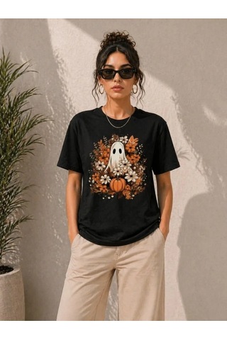 Efnaz Style Balkabağı Hayalet Baskılı Tişört Kısa Kol Yazlık T-shirt - Siyah