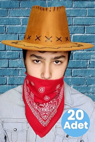 Uniquetrenders Çocuk Unisex Bandanalı 20'li Nubuk Kovboy Şapkası 8-14 Yaş Taba 2