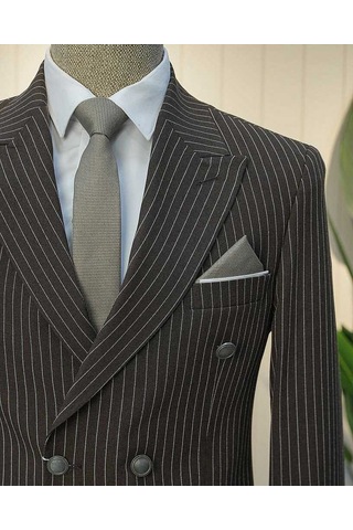 Bys Beystil Sivri Yaka Kahverengi Çizgili Kruvaze Takım Elbise Bezayak - Slim Fit