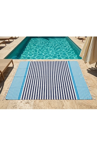 Ludıa Çizgili Desen %100 Pamuk Peştemal Havlu 100x190 Cm Büyük Boy Lacivert - Beyaz - Yeşil