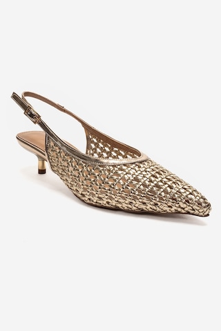 Luvishoes Orelıs Altın Örgü Desenli Kadın Kısa Topuklu Ayakkabı Altın