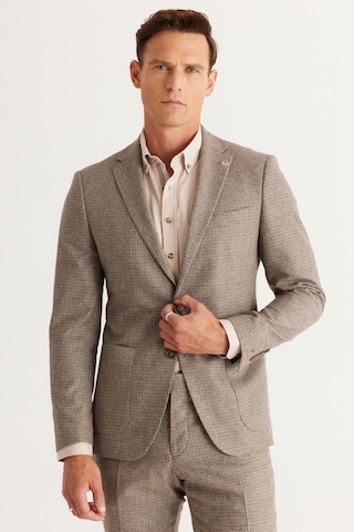 Erkek Kahverengı Slim Fit Dar Kesim Mono Yaka Kareli Yünlü Takım Elbise Kahverengi