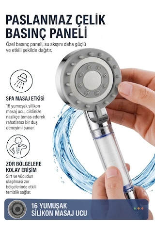 Yüksek Basınçlı Arıtmalı Masajlı 5 Fonksiyonlu Duş Başlığı 5 Adet Yedek Filtre Kireç Önleyici Tazyikli Su Tasarruflu Masajlı Banyo Başlık Seti Beyaz - Krom