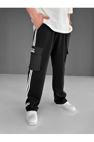 İki İplik Kumaş Kargo Cepli Şeritli Alt Esofman - Siyah Siyah