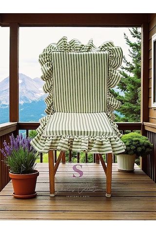 Yeşil Çizgili Buldan Keteni Arkalıklı Fermuarlı Sandalye Minderi Çok Renkli