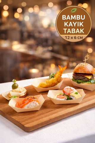 50'li Pkt Mini Bambu Kayık Tadım Tabağı 12x6 Cm Kokteyl Sunum Tabağı Catering Parti Servis Tabak