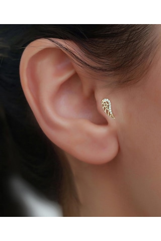 14 Ayar Altın Taşlı Melek Kanadı Tragus Piercing Sarı Altın