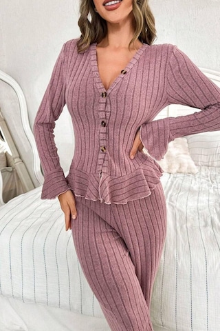 Bella Notte V Yaka Gül Kurusu İspanyol Kol Pamuklu Pijama Takımı Pembe
