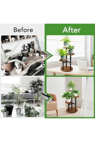 Çiçeklik 3 Raflı Saksılık Dekoratif 3 Raflı Çiçeklik Metal Doğal Ahşap Saksılık Çiçek Rafı Daire Model Diğer