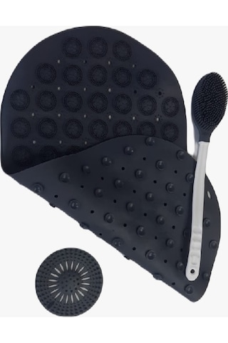 3 Parça Set Masajlı ve Duş Kaydırmaz Çift Taraflı Banyo Duş Vucüt Fırçası Yuvarlak Duş Süzgec Siyah