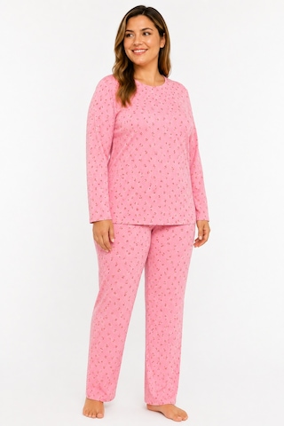 Sleeproom Büyük Beden Kadın Mevsimlik Pointiel Kiraz Desen Pijama Takımı Pembe